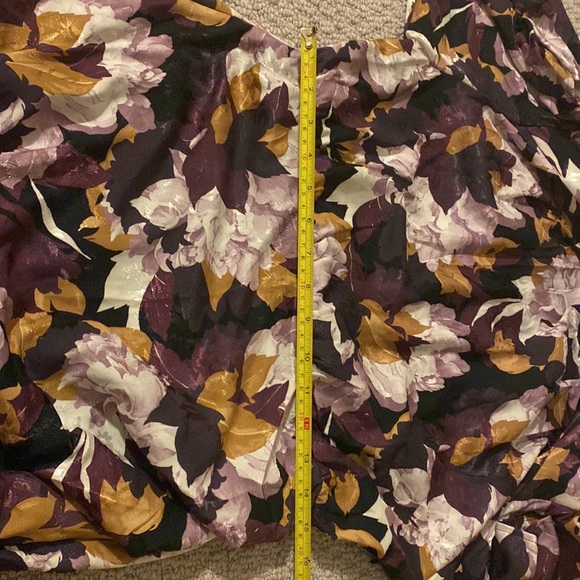 Purple and Gold tones flowery print, long sleeved mini dress with lining. - Picture 6 of 7